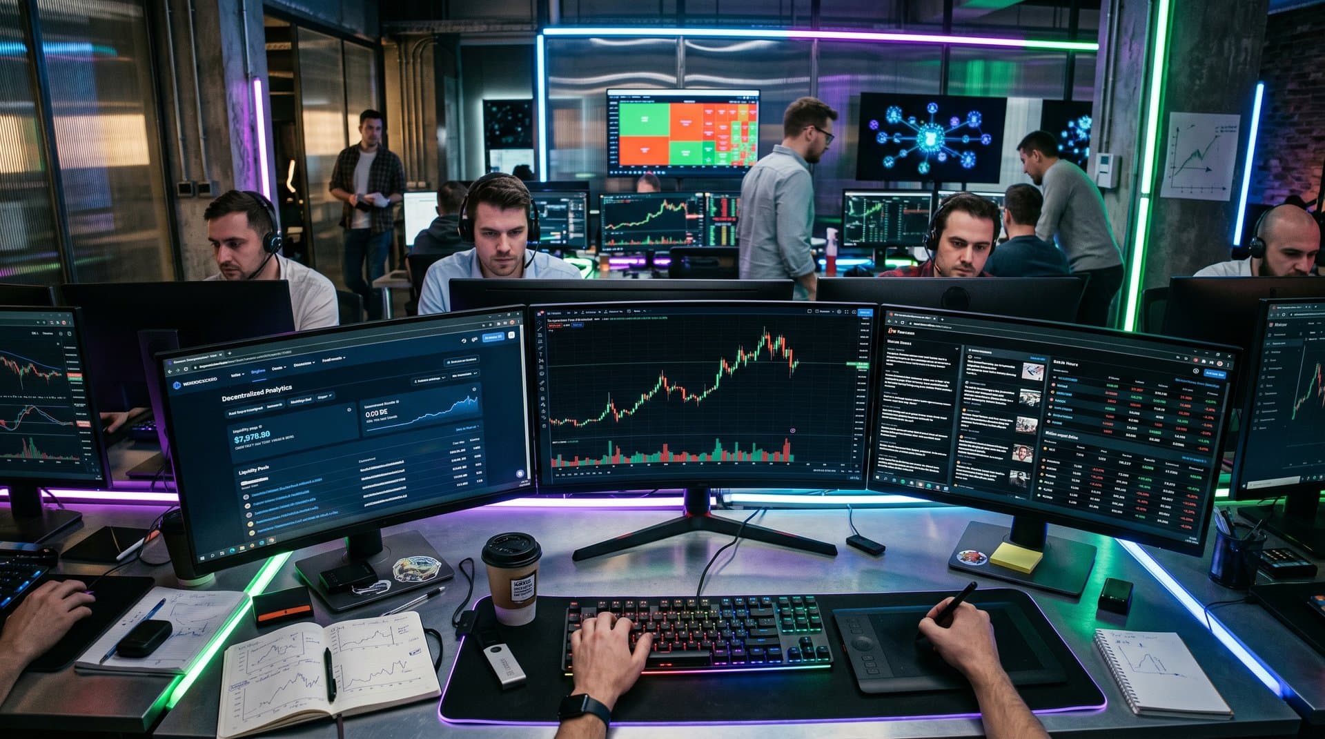 Crypto traders monitor BTC at $78,964 and Rave Token DEX volumes on multi-screen setup with Fear & Greed overlay