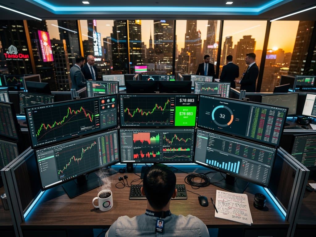 Crypto traders monitor volatility charts with BTC at $78,883, WLFI spikes, and DeFi metrics on trading floor