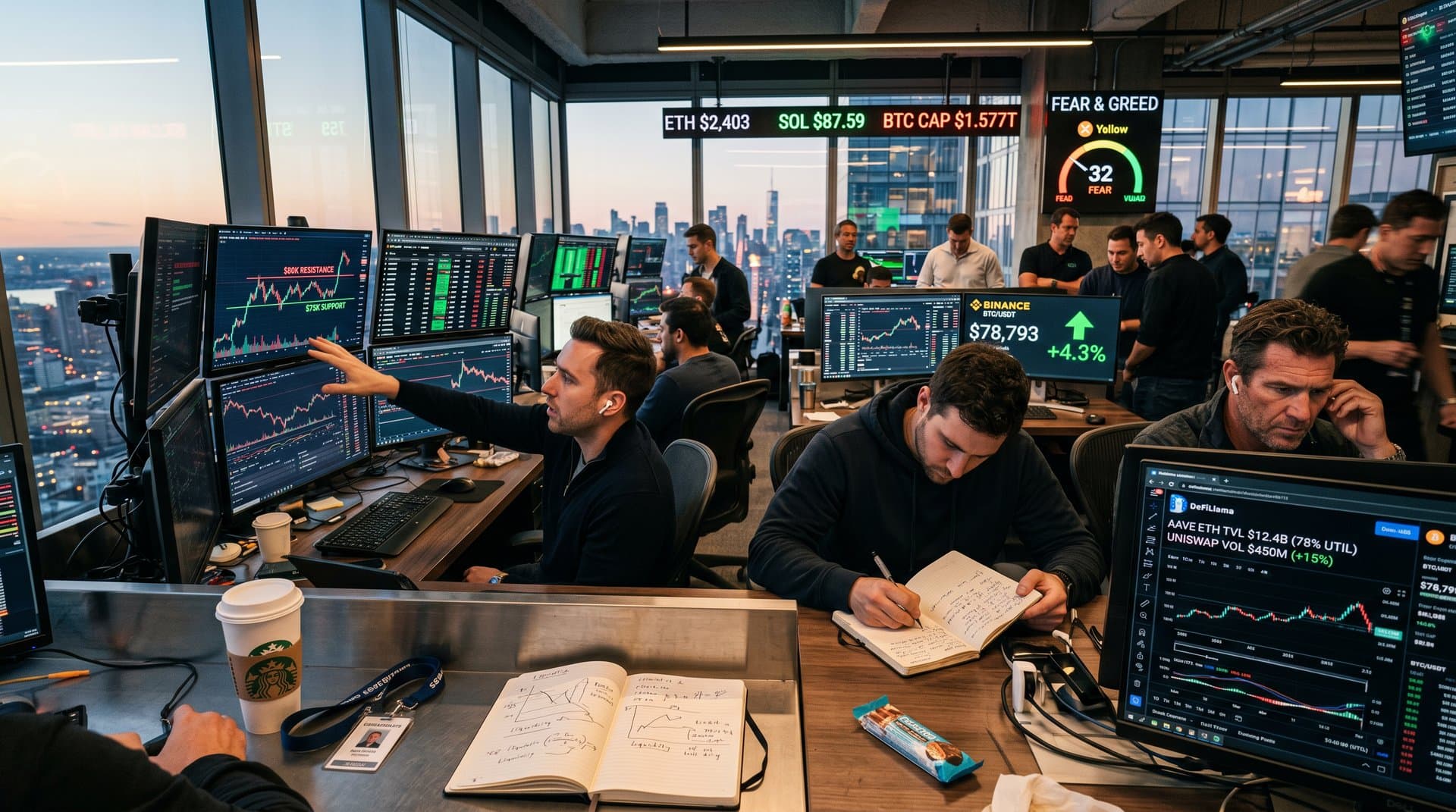 Crypto traders analyze BTC price charts at $78,793 with DeFi TVL overlays and Fear & Greed Index on multi-monitor setups