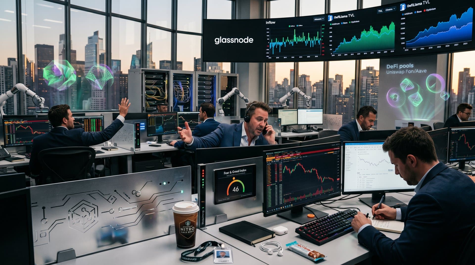 Trading floor with Bloomberg terminals showing AI bots, crypto charts, and DeFi data amid market fear