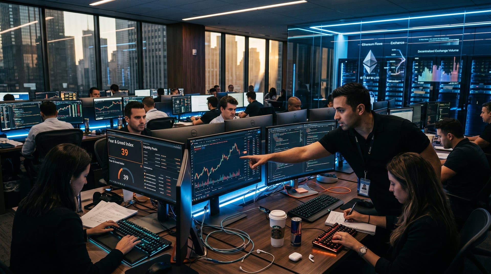 Crypto trading screens show BTC charts, Fear & Greed at 39, Olympic crypto platform risks amid cloud servers