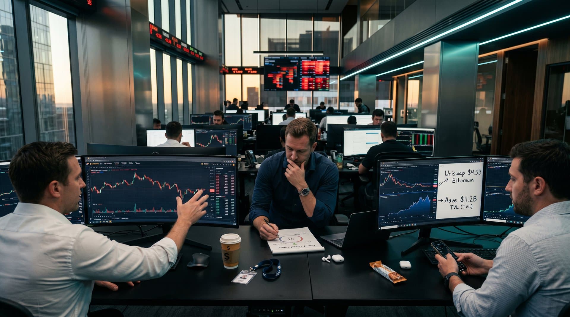 Trading screens show crypto prices, Fear & Greed at 31, AI charts, and DeFi TVL in modern office setting