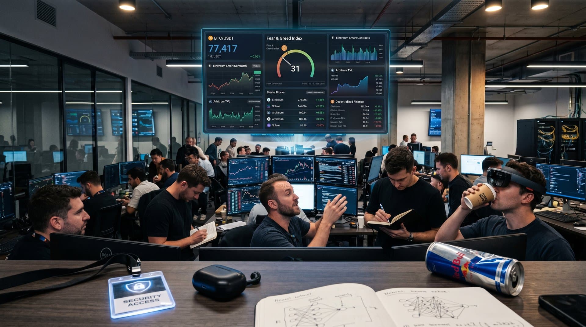 Holographic dashboard showing AI neural networks, crypto charts with BTC at $77k, Fear & Greed at 31, and blockchain elements in neon cyberpunk aesthetic