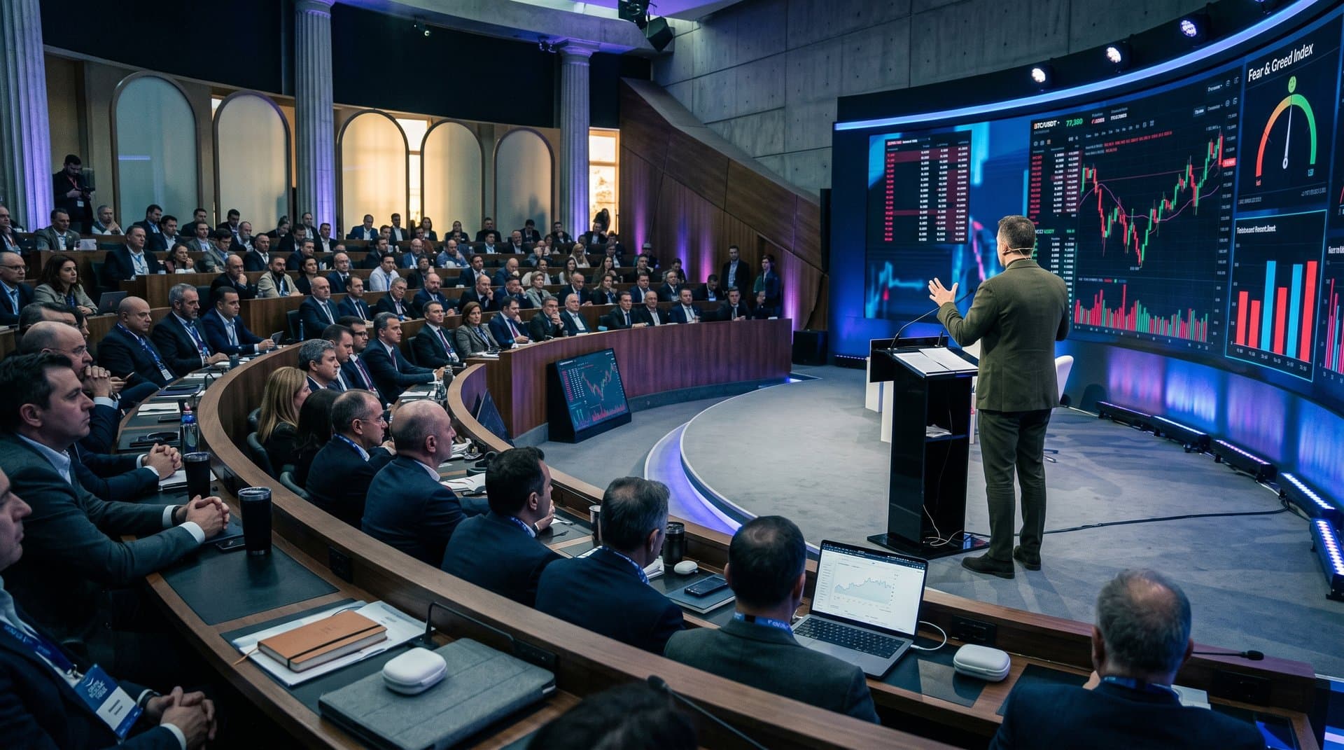 Modern Delphi Forum auditorium with AI sentiment charts on screens, professionals engaged in crypto discussion under dynamic lighting