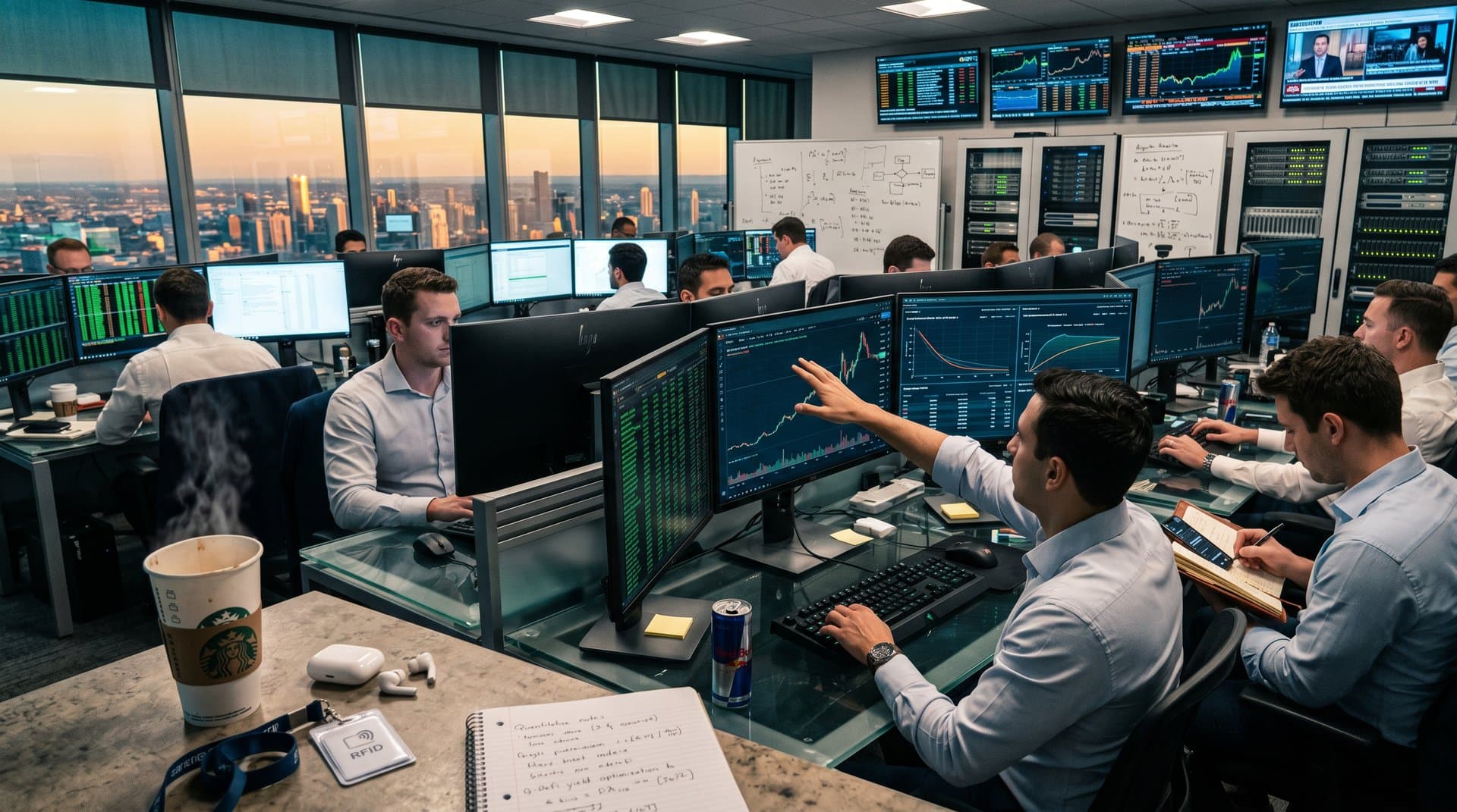 Quant trader at terminals analyzing lambda benchmarks and crypto charts on trading floor