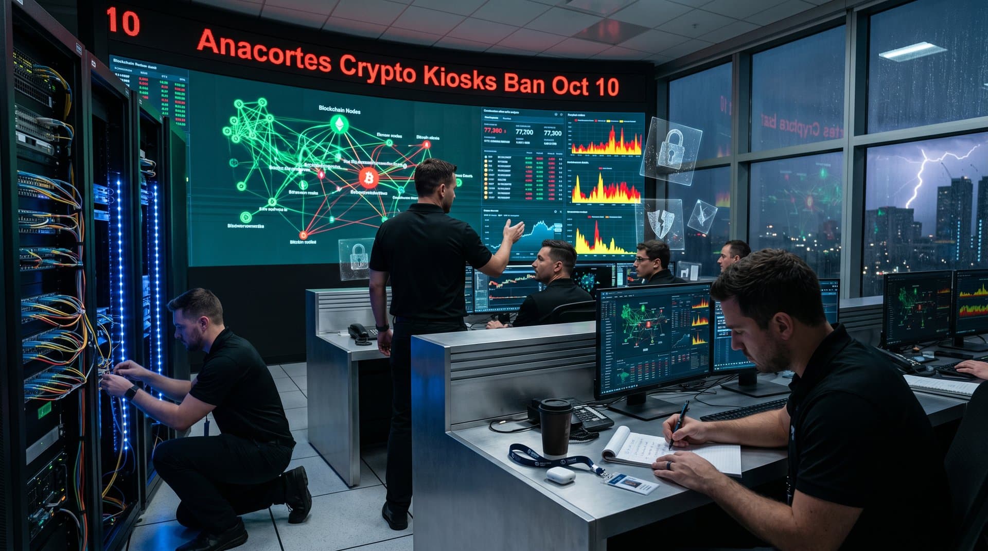 Cybersecurity operations room monitors Anacortes cryptocurrency kiosks ban alerts and BTC charts on advanced screens amid server infrastructure