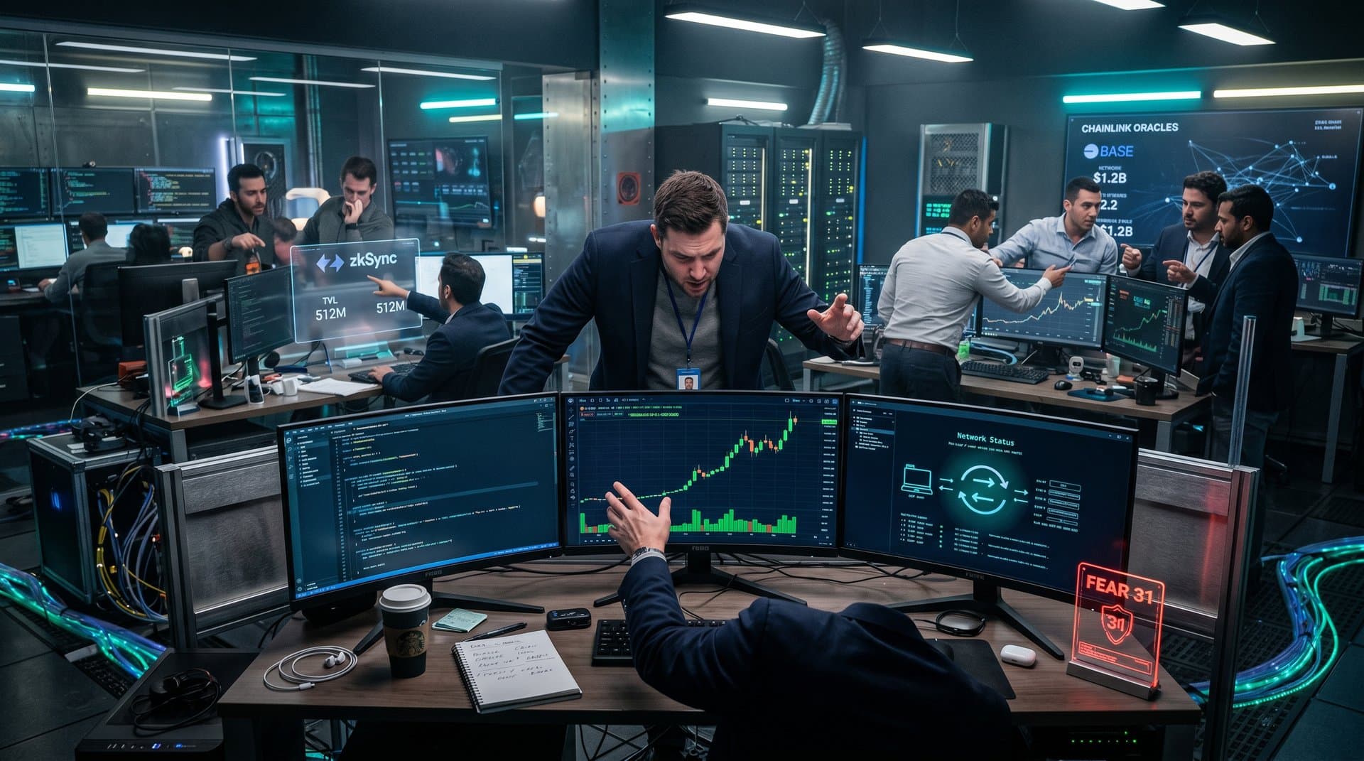 Crypto trading desk with monitors showing BTC charts at $77,341, WebAssembly RDP client, port 3389 connections in neon-lit high-tech environment