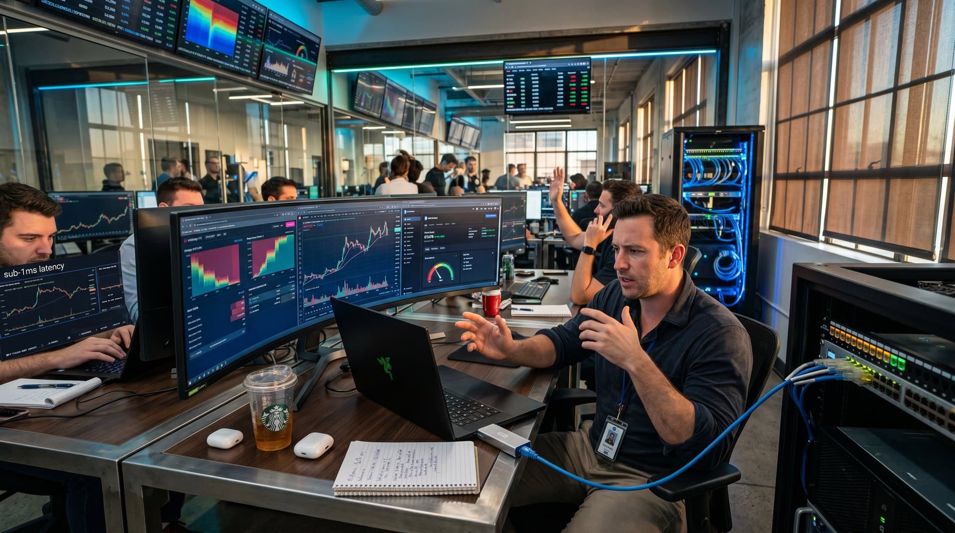 Trader plugs 10GbE USB adapter into laptop amid multi-monitor crypto charts and network gear on modern trading desk