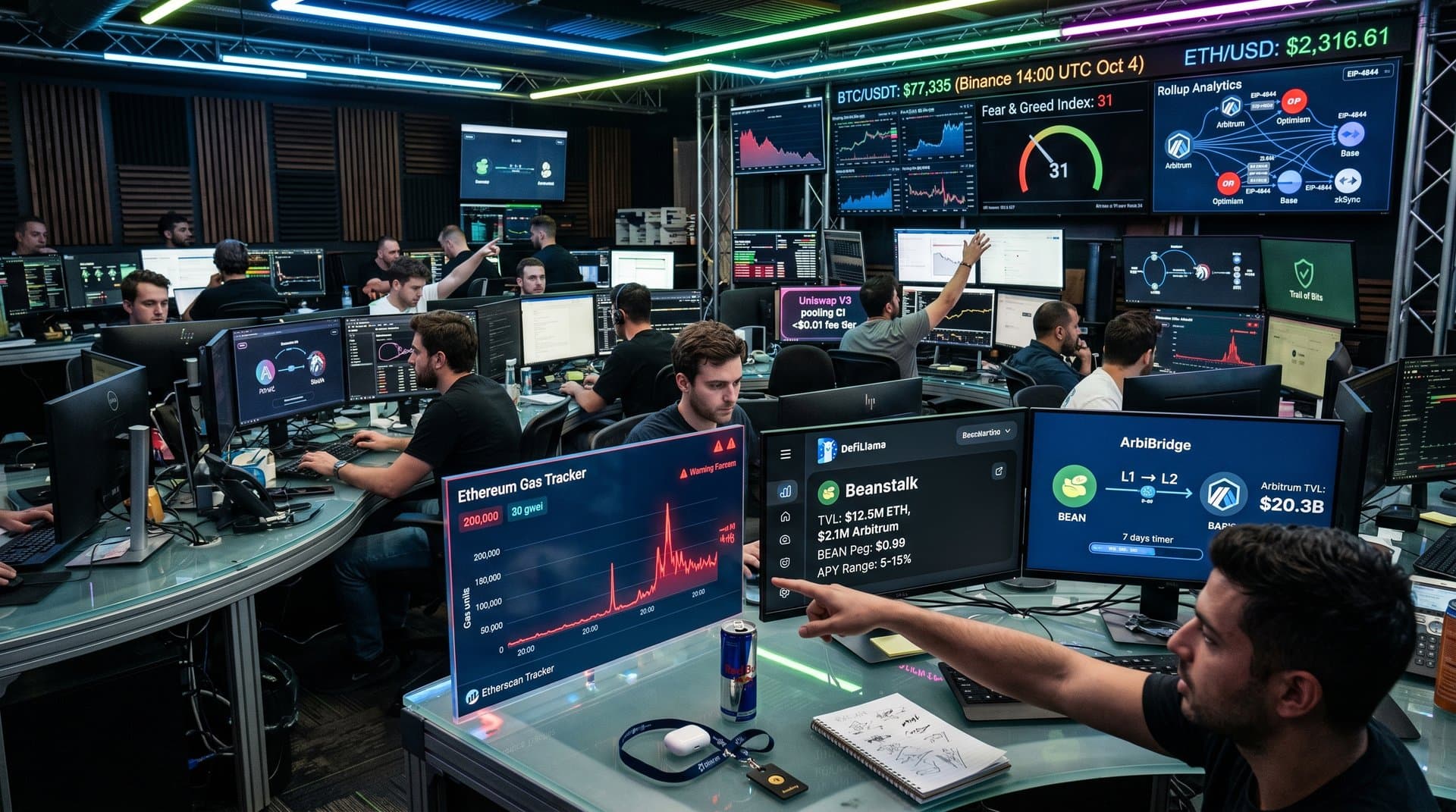 Abstract cyberpunk dashboard showing Ethereum gas spikes, BEAN DeFi pools, and L2 bridges with BTC price and Fear Index