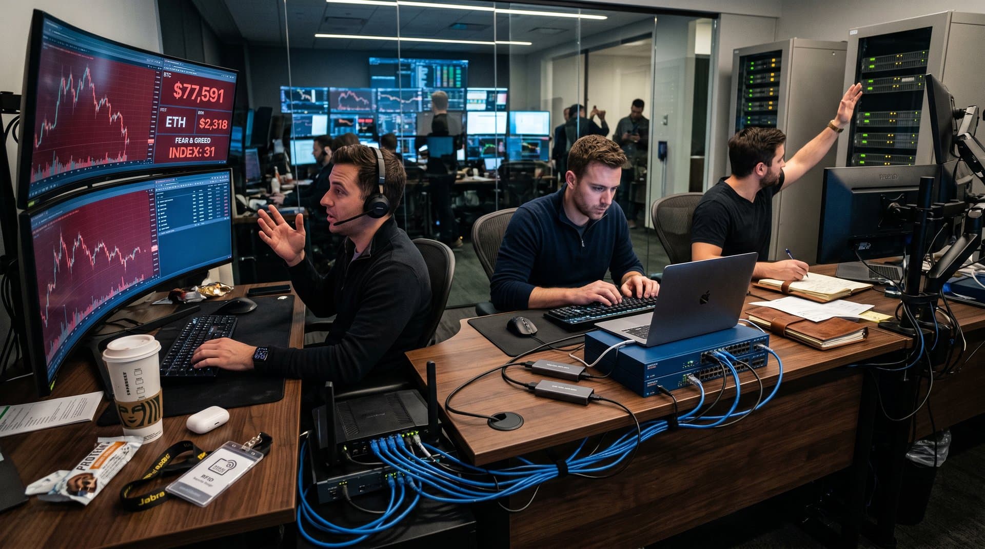 Crypto trading desk with 10GbE USB adapters, laptops, switches, and monitors showing BTC charts at $77,591
