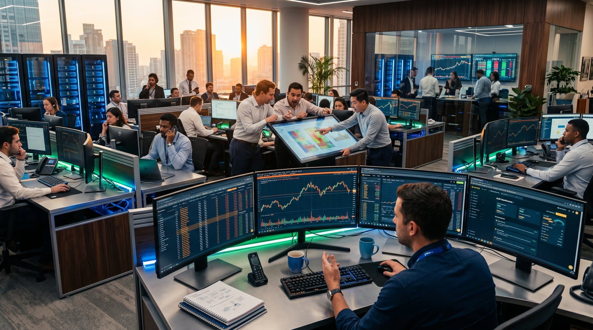 Traders analyze USDC DeFi stability charts versus SHIB volatility on modern terminals amid professional finance floor
