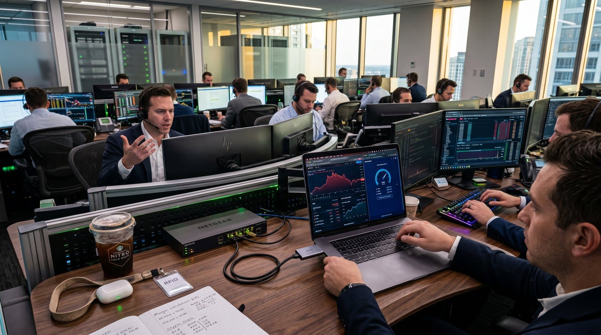 10 GbE USB adapter connected to laptop on trading desk with BTC charts and DeFi monitors