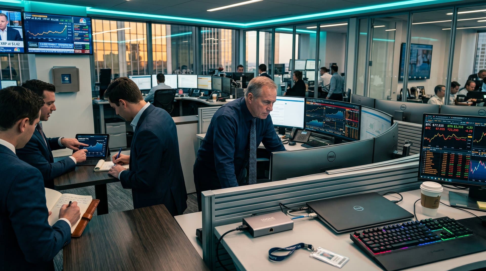 Trader at Bloomberg terminal desk examines crypto charts on multi-monitors with 10GbE adapter on XPS laptop amid busy Goldman Sachs floor