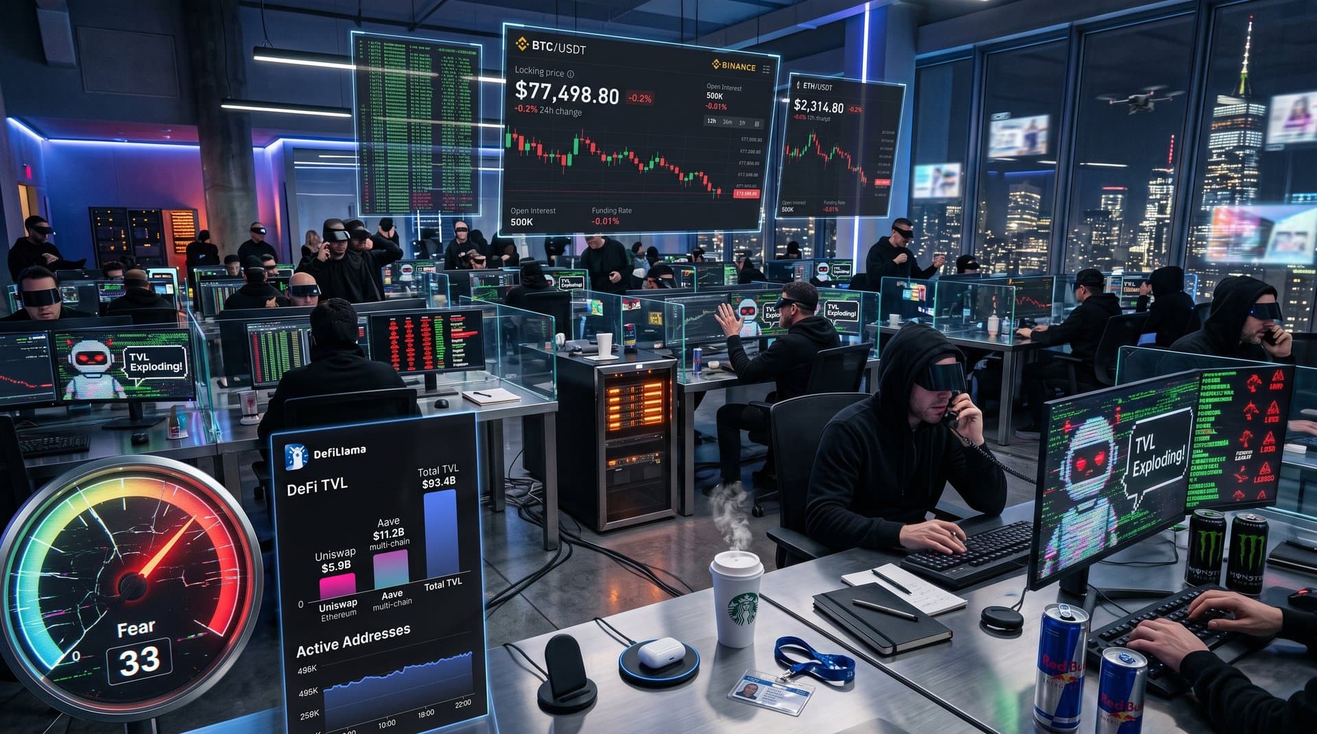 Holographic crypto charts on trading terminals show BTC at $77,498, Fear & Greed 33 amid DeFi data and skyline