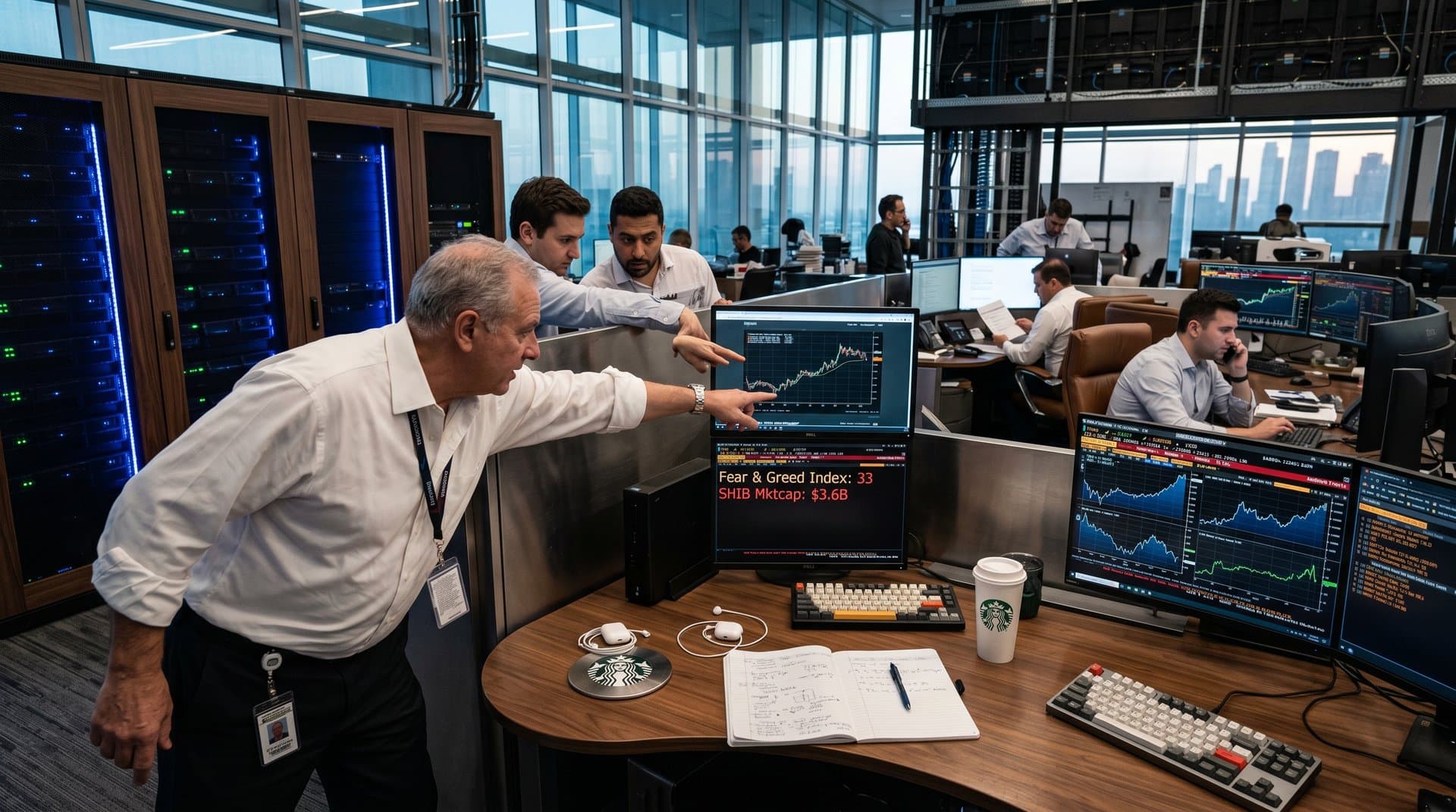 Trading desk with monitors showing stablecoin prices, market caps, and Fear & Greed Index