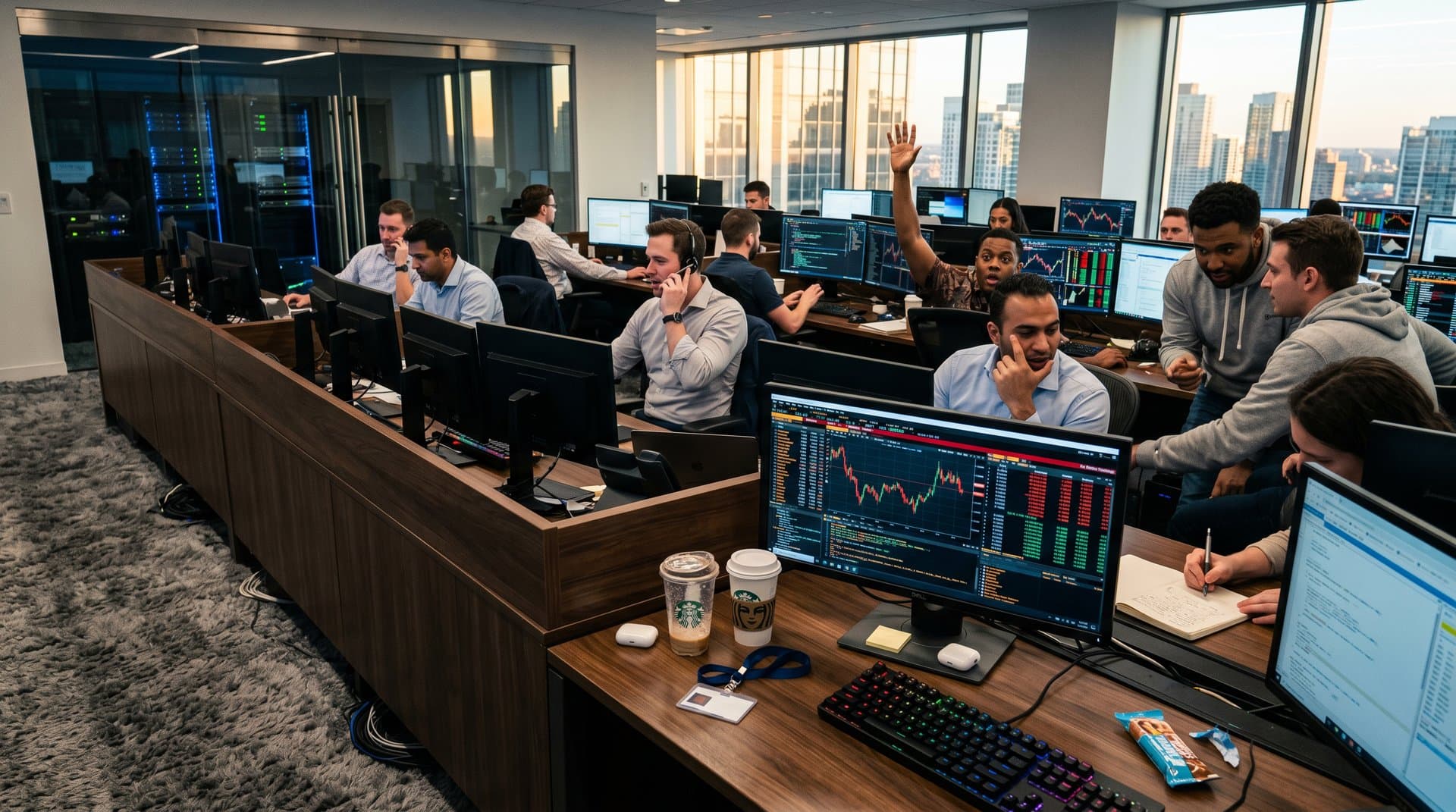 Quant traders at walnut desks with multi-monitors showing charts and code on a modern trading floor lit by LEDs and windows