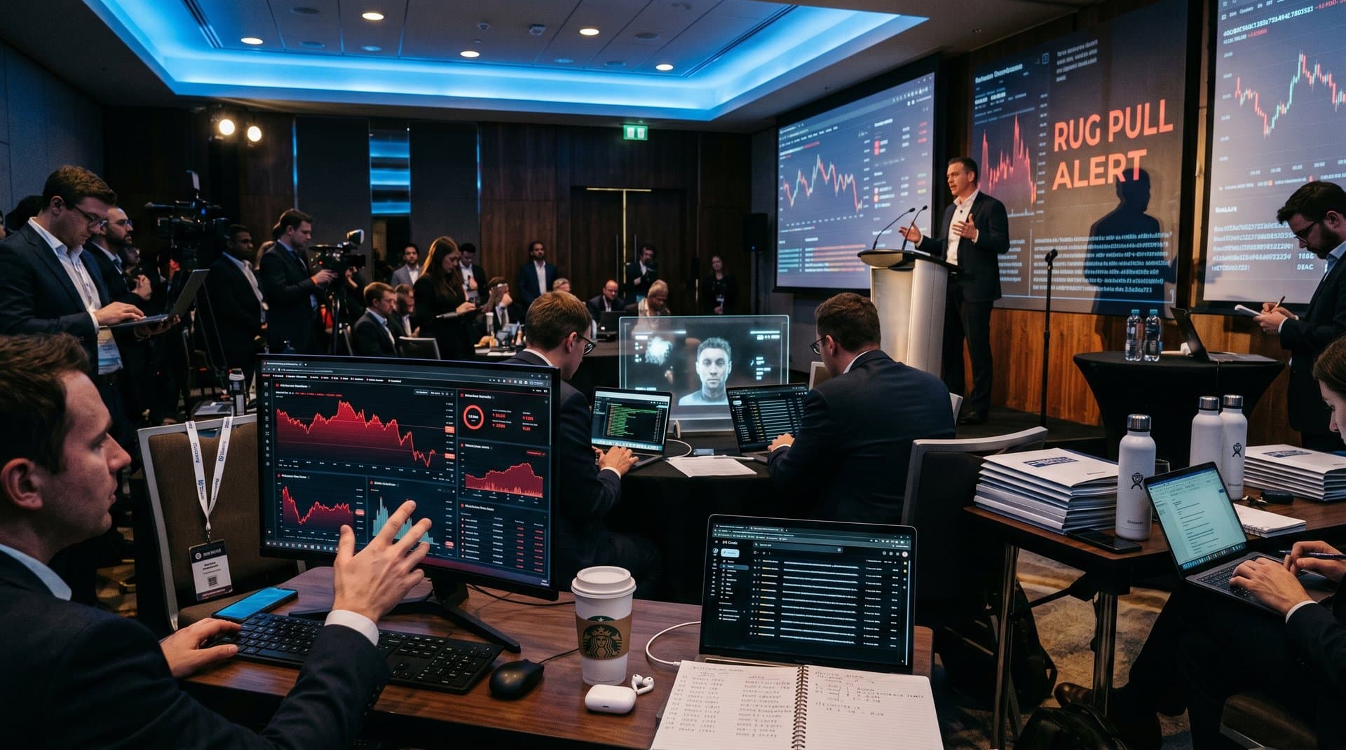Conference professionals review crypto scam alerts and DeFi charts on monitors during cybersecurity summit on romance scams and rug pulls