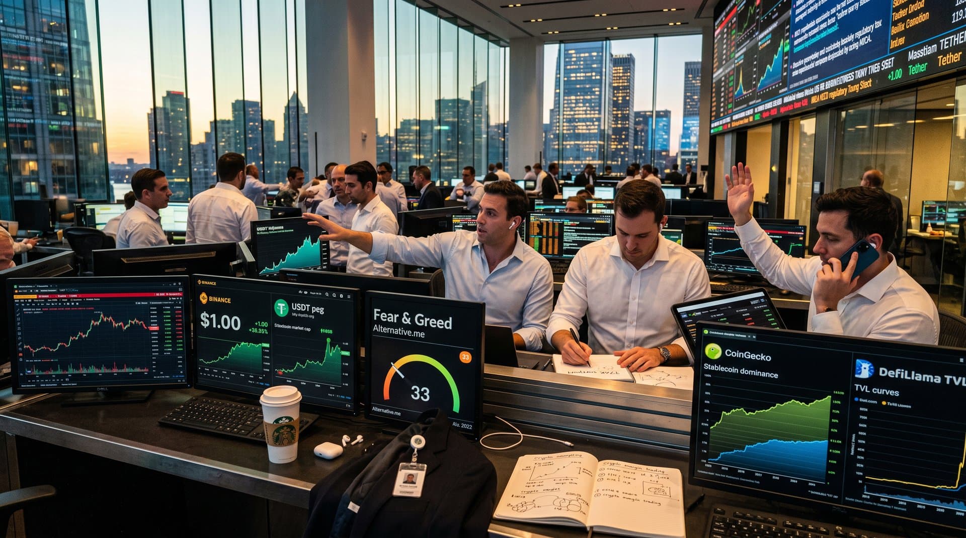 Trading floor screens show USDT $1 peg, Fear & Greed 33, BTC $78K charts on terminals