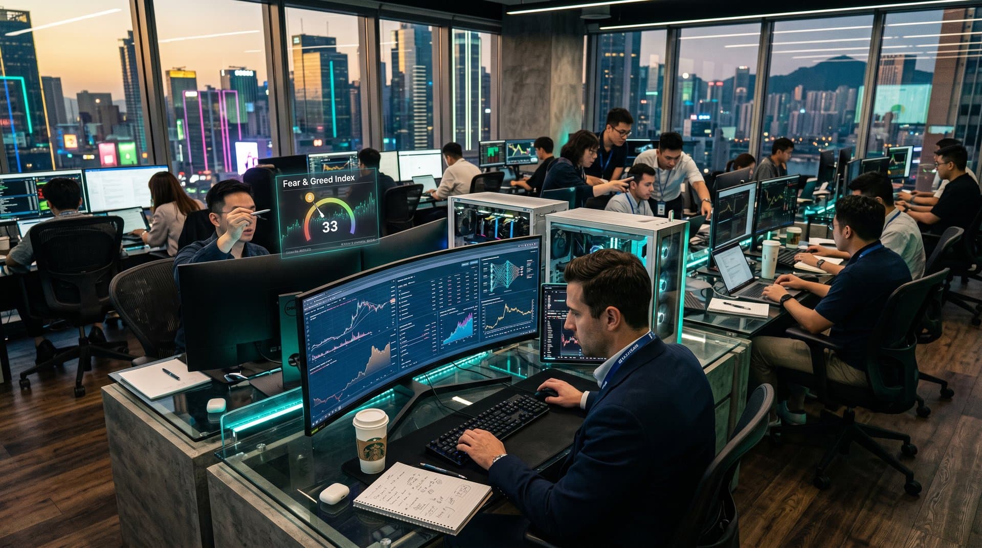 Futuristic crypto lab desk with AI neural networks, Ethereum blockchain graphs, DeFi dashboards, and whale alerts on curved monitors amid server racks
