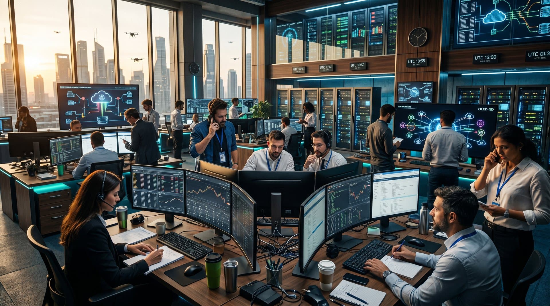 Modern trading floor with screens showing DeFi TVL, identity metrics, and BrowserID dashboards under natural and LED light