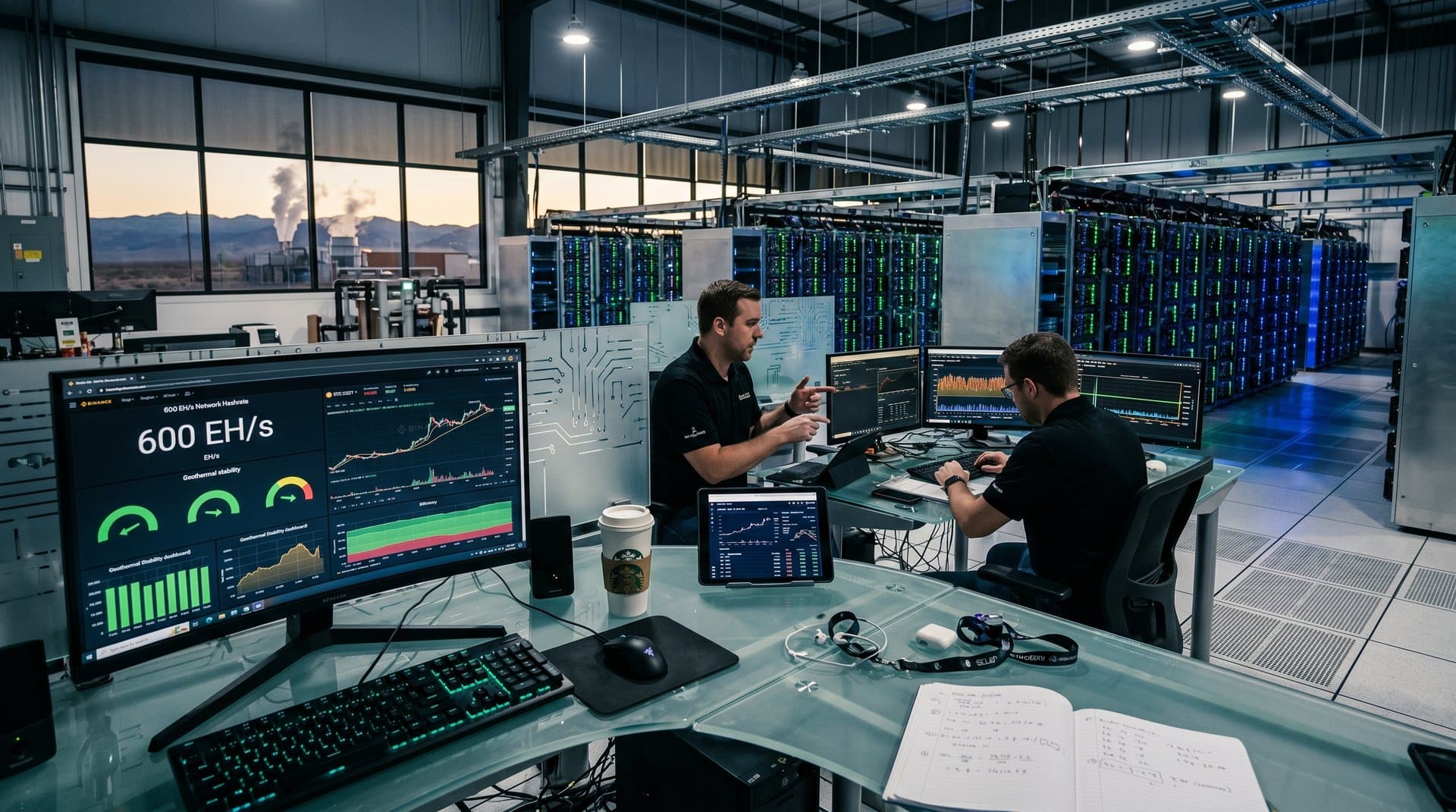 Control room monitors Bitcoin mining hashrate and energy dashboards amid server racks in geothermal data center