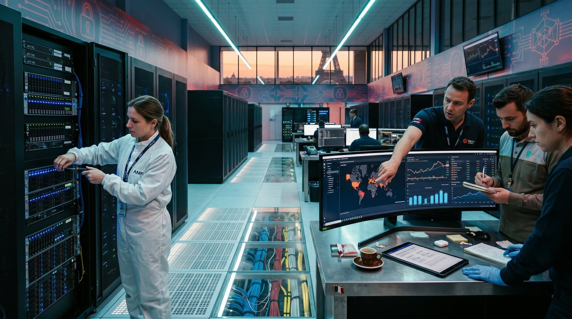 Technicians in Paris data center analyze APL French trading edge on-chain data and BTC charts