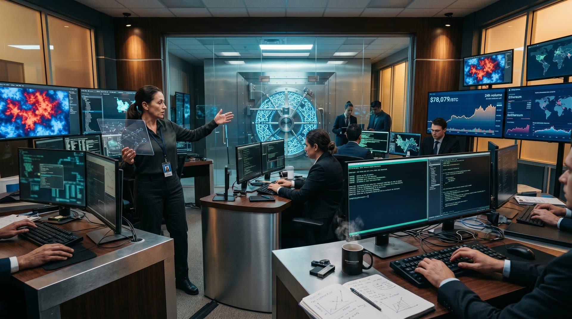 Cyberpunk vault with GnuPG post-quantum lattices protecting $120B DeFi TVL, BTC charts at $78K, and wallets from quantum waves