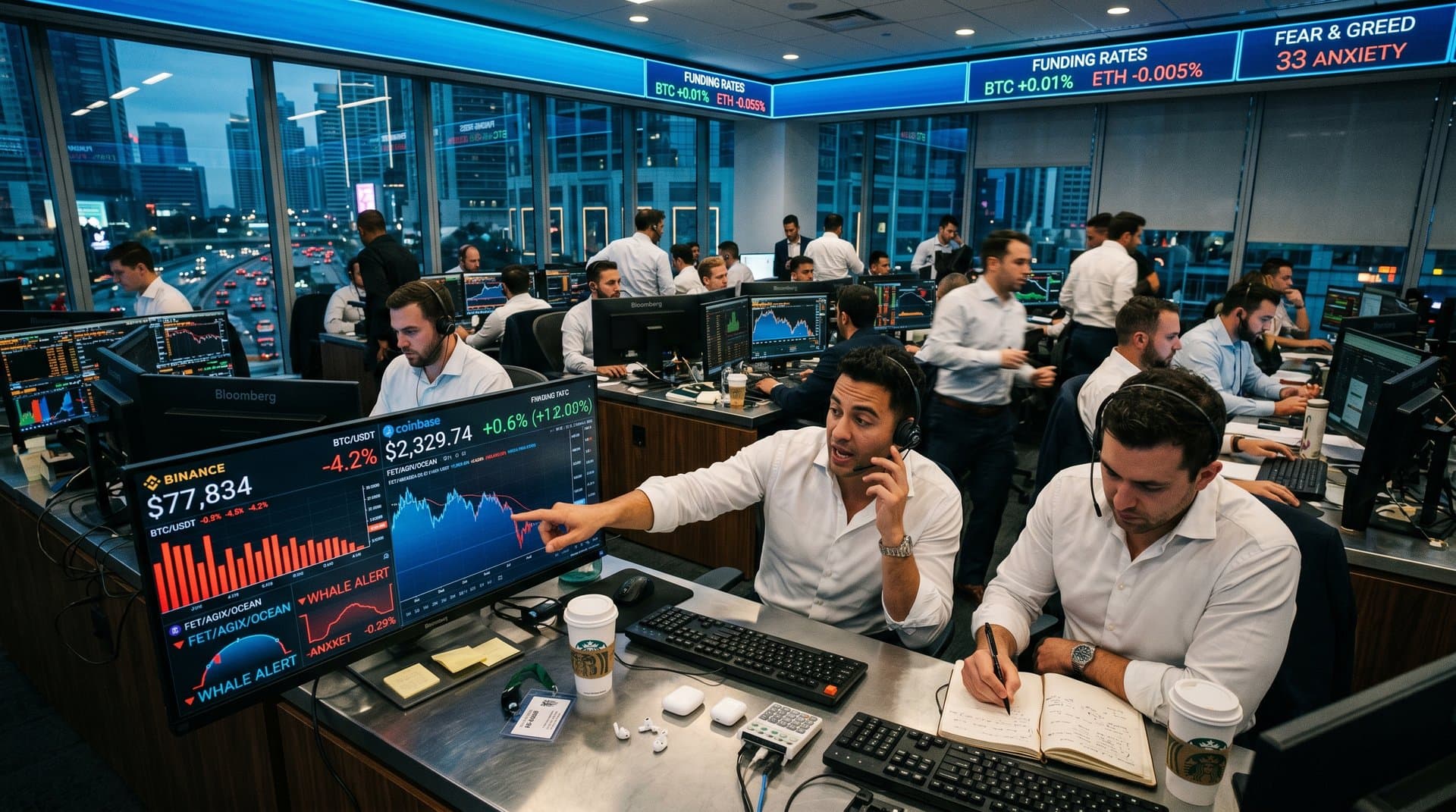 Traders on modern floor analyze crypto charts with BTC at $77k, Fear & Greed 33, AI tokens on Bloomberg terminals amid market discussions