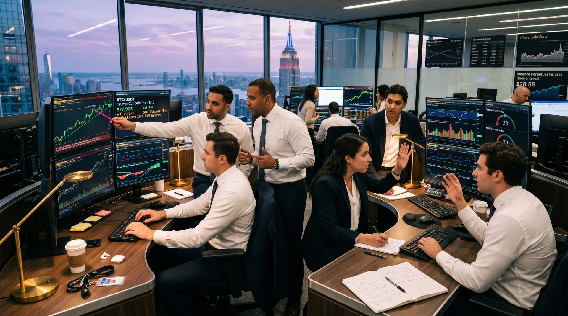 Professional analysts on Manhattan trading floor monitor BTC at $77,905 charts on Bloomberg amid Trump Iran news tickers and skyline