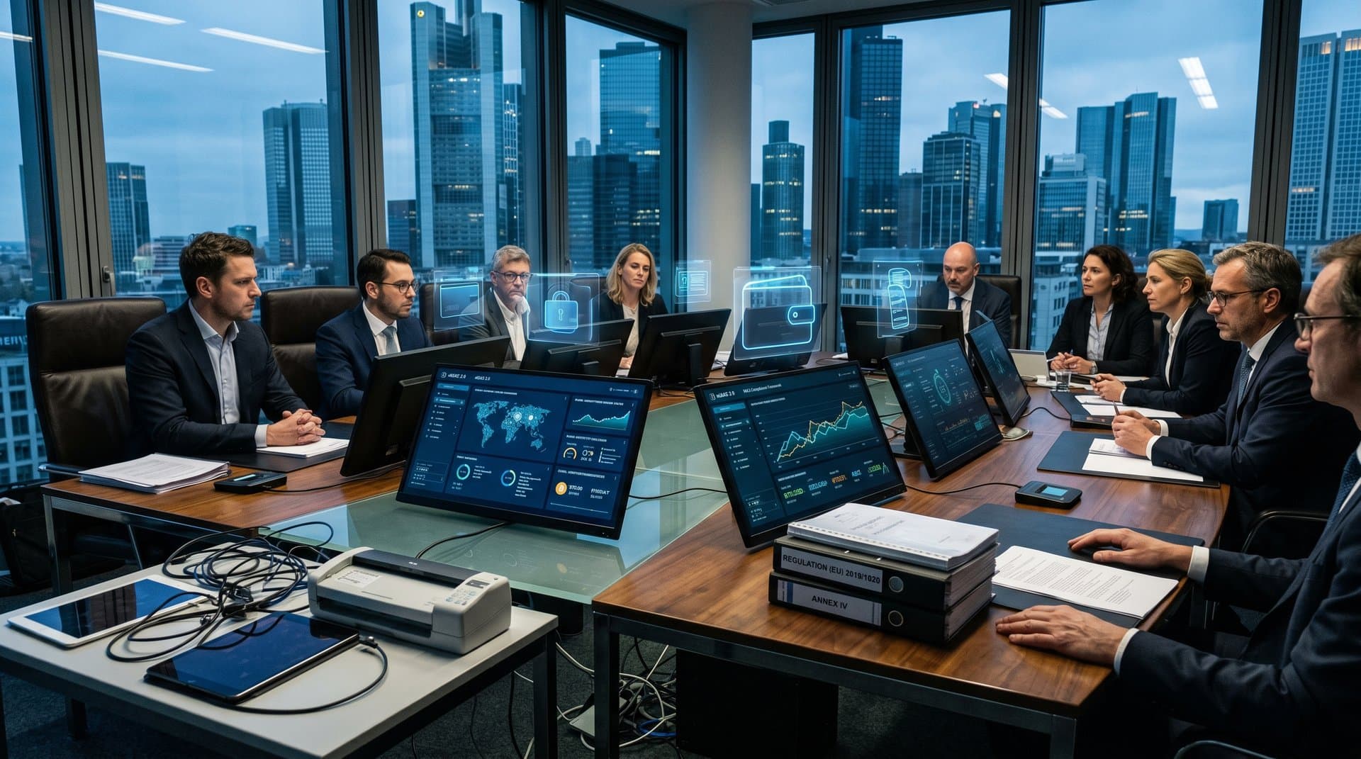 EU regulatory boardroom with eIDAS dashboards, MiCA charts, and crypto tickers in cyberpunk style