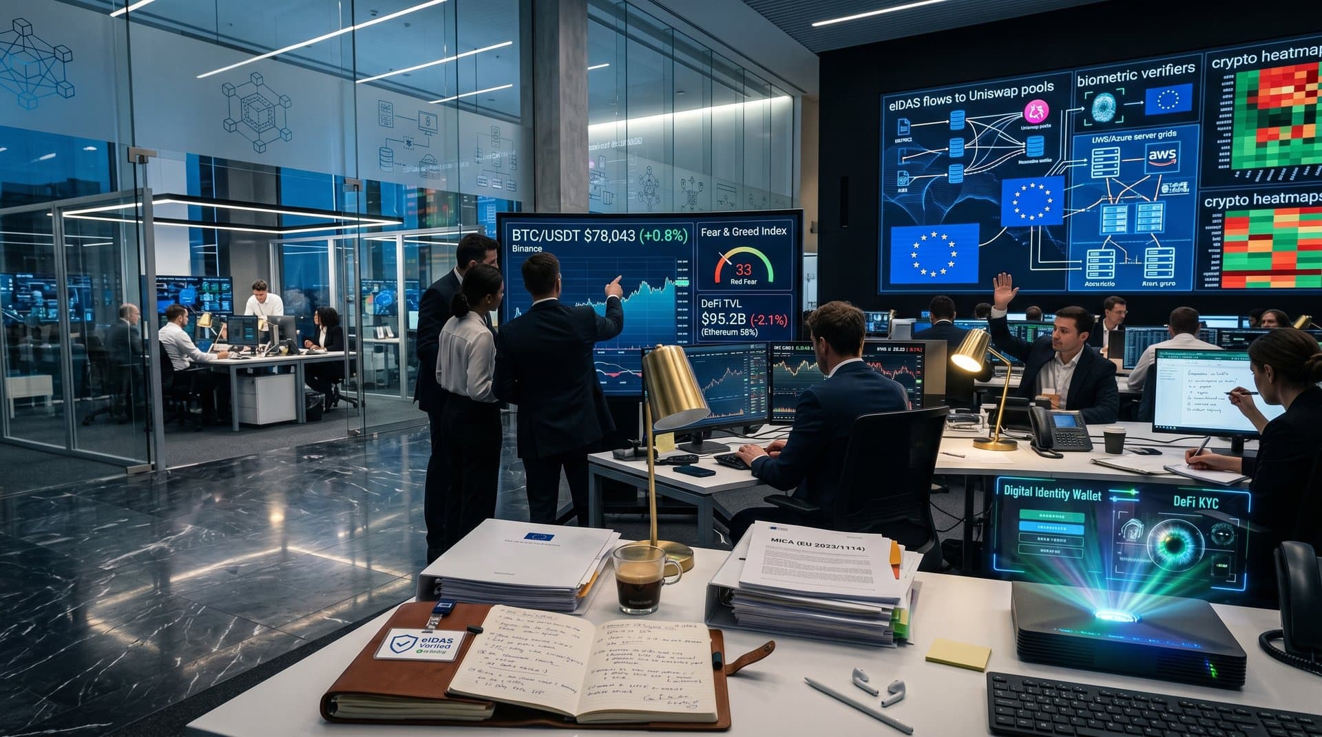 EU regulatory compliance center with crypto charts on screens, biometric devices, and MiCA documents amid marble floors and glass walls