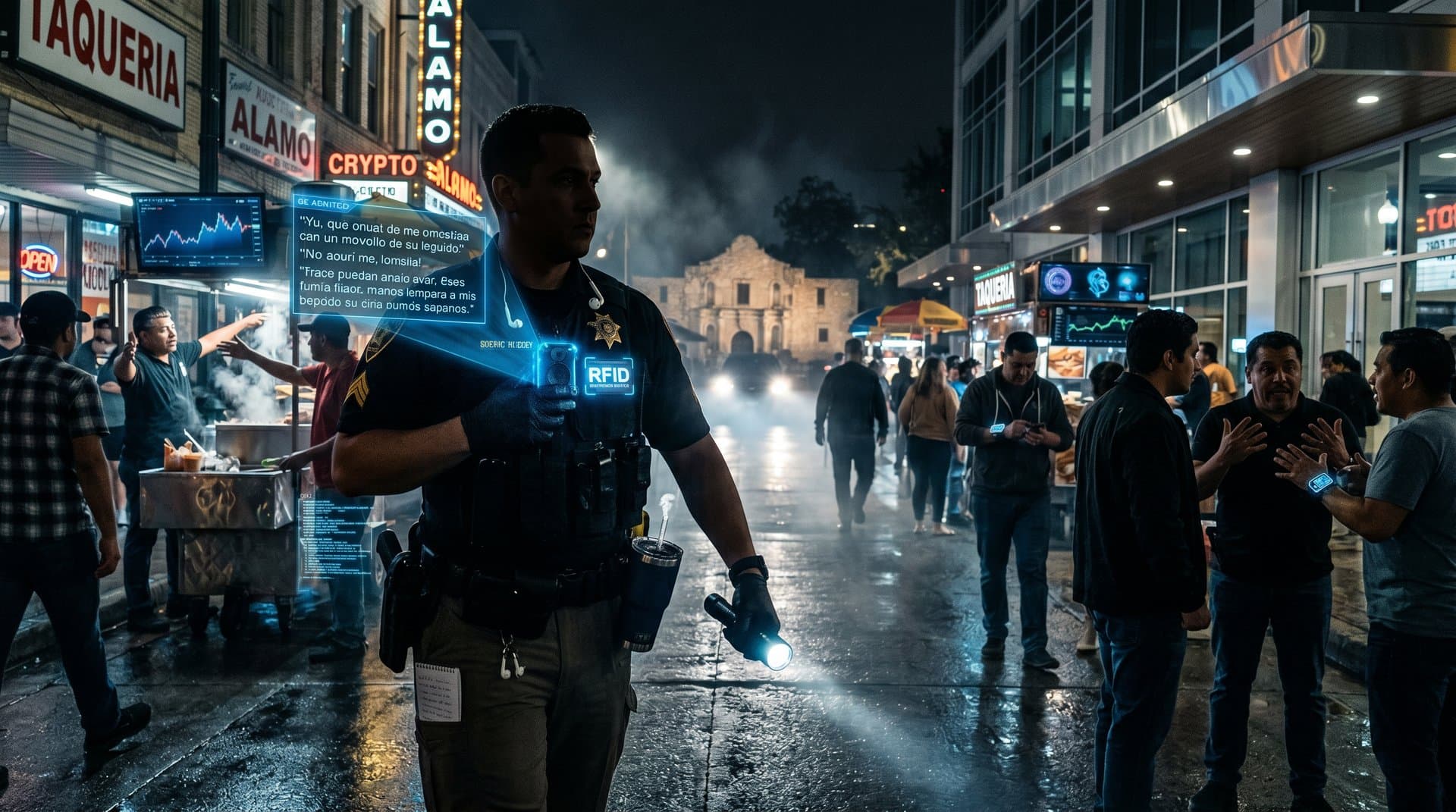 AI-enhanced police body cam with translation overlay in urban San Antonio setting and crypto data elements