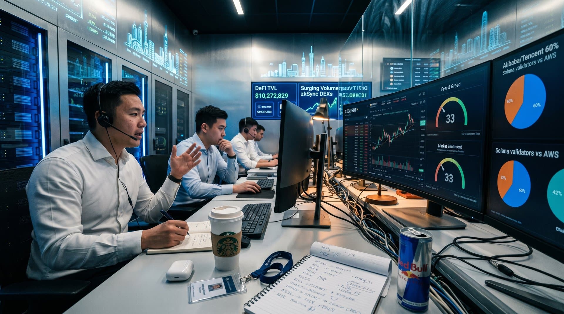 Trading screens displaying DeFi TVL spikes on Solana/zkSync, offshore cloud dominance charts, and BTC price at $78K on Binance