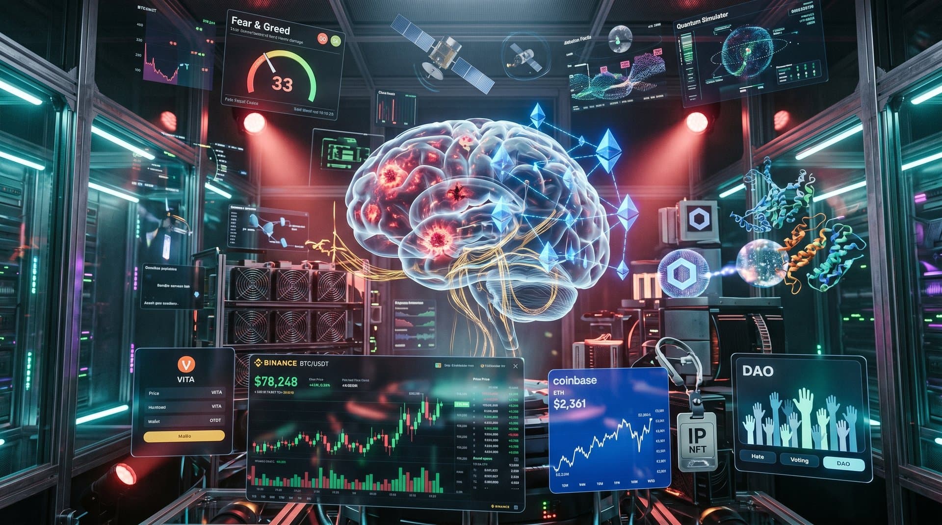 3D brain scan of Alzheimer's plaques fused with blockchain and DeFi elements in cyberpunk cloud computing environment