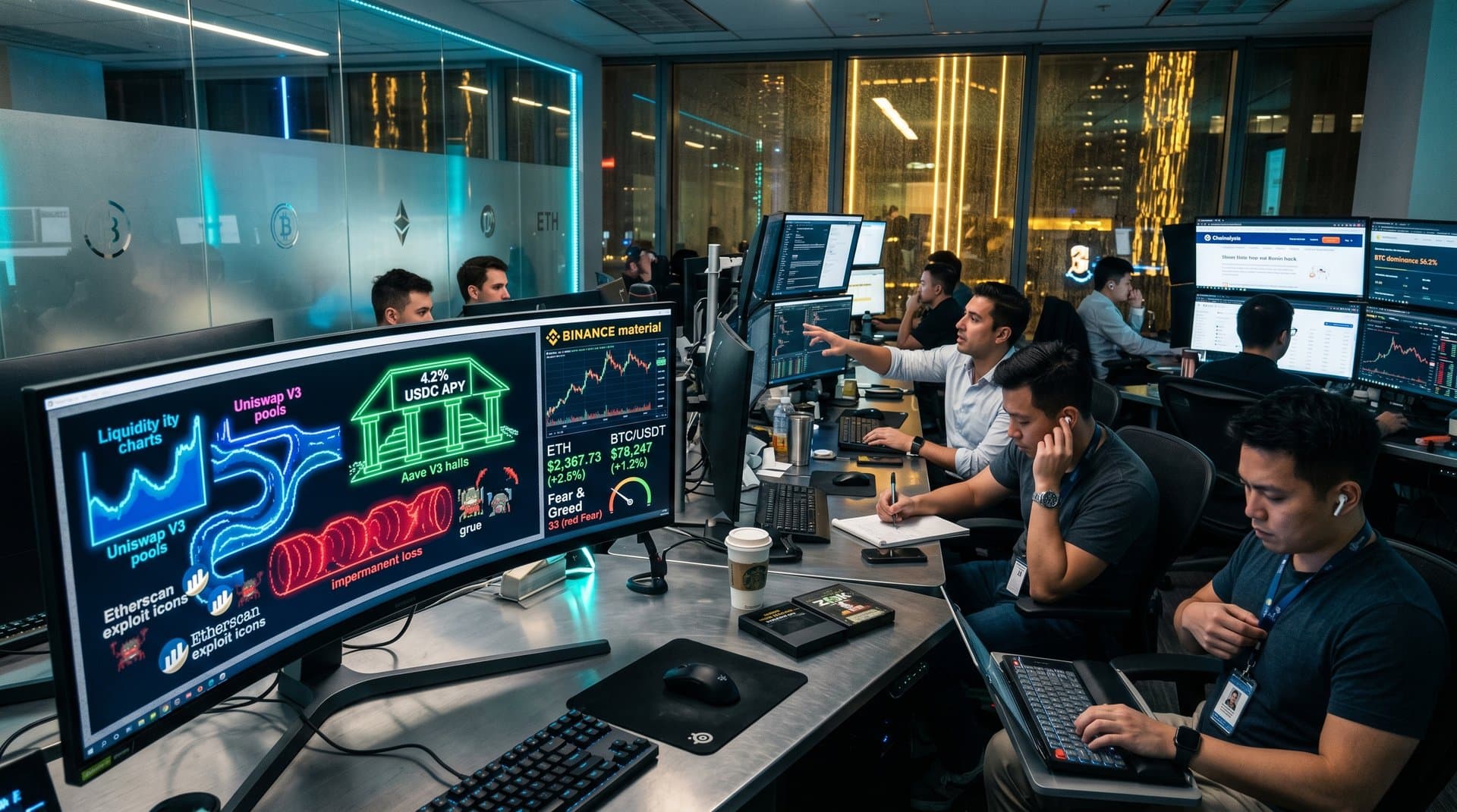 Crypto traders monitor BTC/USDT $78K charts, DeFi yields, Fear Index 33 on multi-monitors in modern trading floor