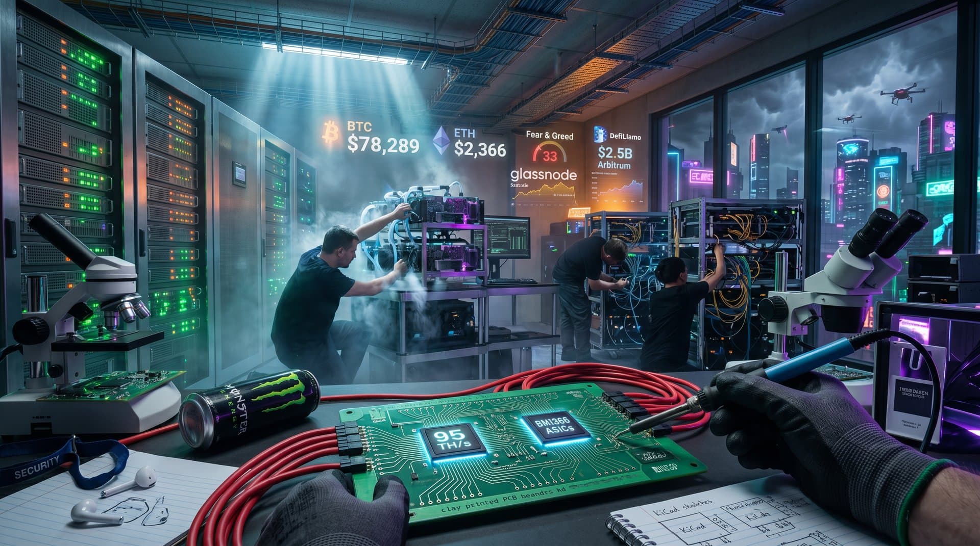 Custom clay PCB board with ASICs in secure data center amid crypto charts and cabling