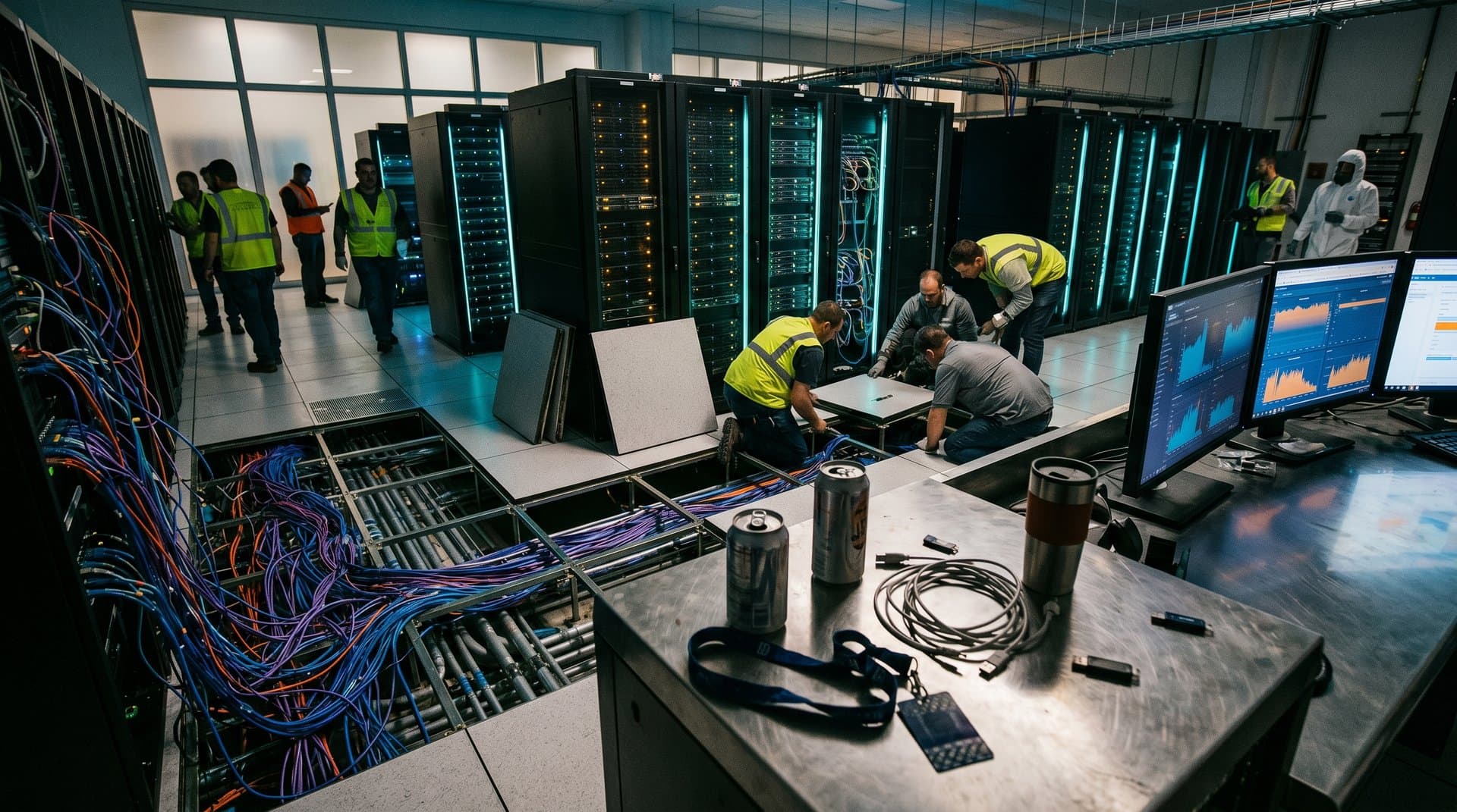 Engineer accessing raised floor cables in busy Tier IV data center with technicians at glowing server racks and on-chain data monitors