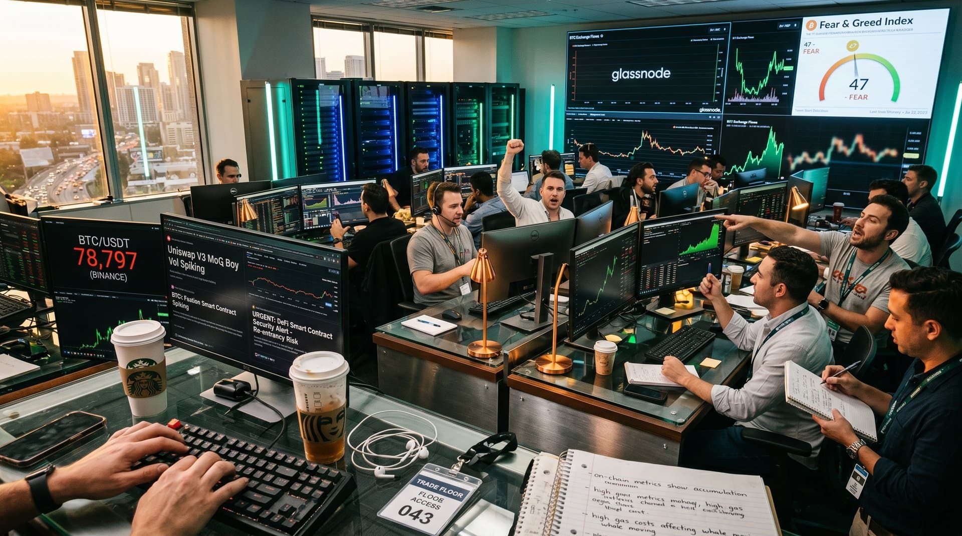 Crypto traders analyze BTC charts at $78,797, MoQ Boy volumes, and DeFi security risks on advanced monitors