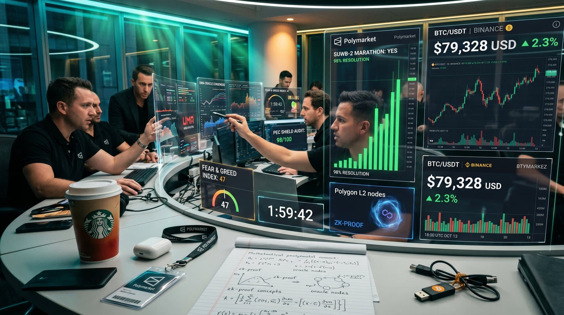 Secure trading desk monitors Polymarket Sawe sub-2 marathon bets, BTC price surge to $79K, DeFi oracle cybersecurity dashboards, and Polygon L2 data flows