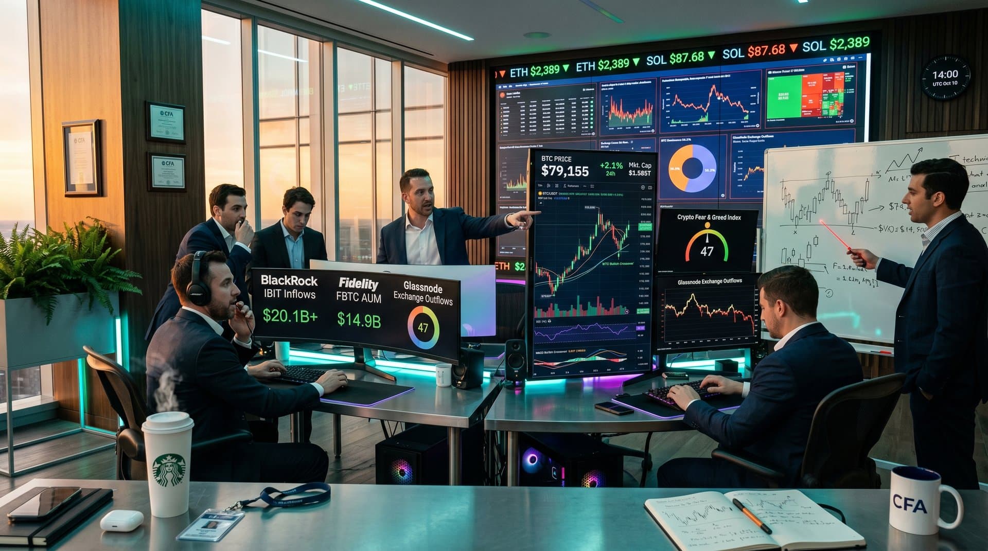 Crypto traders at modern desks with monitors showing BTC $79K charts, ETF flows, Glassnode metrics, and AI predictions on bustling floor