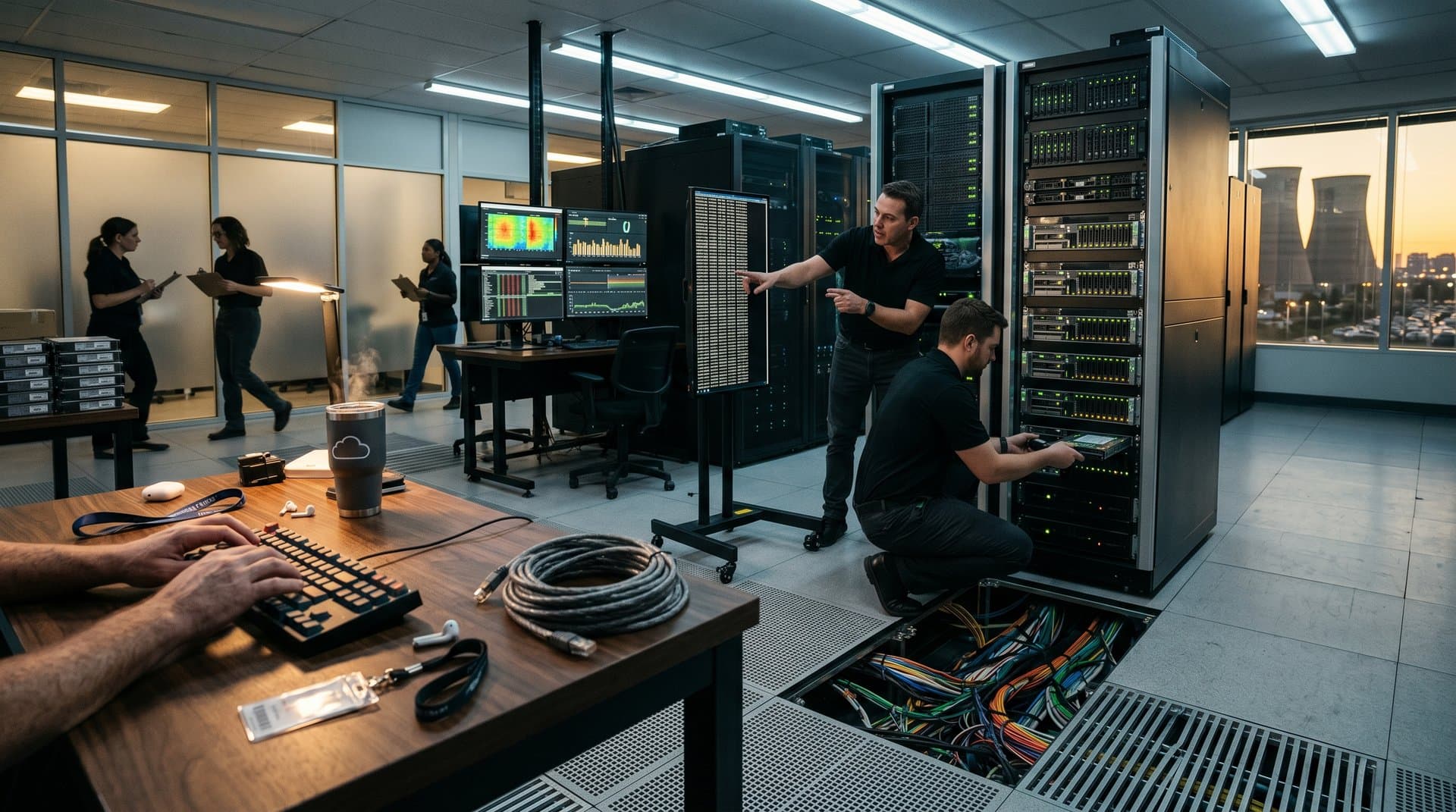 Data center workbench with hex dumps of blockchain files amid server racks and cabling