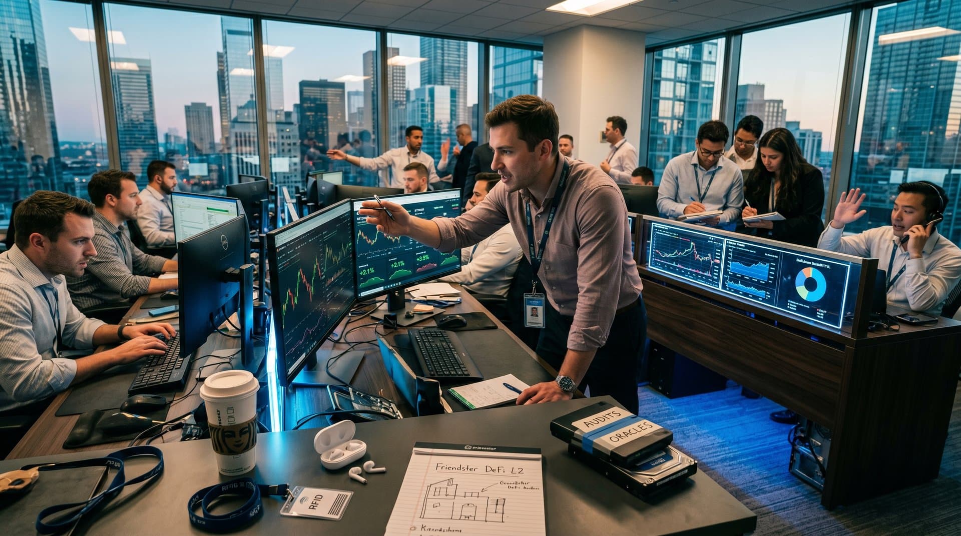 Crypto trader at modern desk analyzes BTC $79K spot charts, ETH $2,393, DeFiLlama TVL dashboards, and Friendster DeFi domain data with skyline view