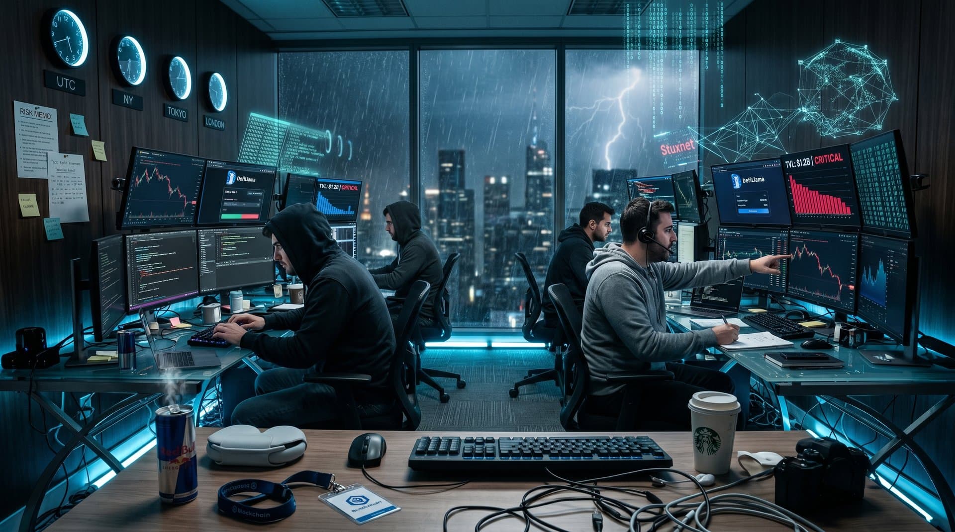 Crypto trading floor with DeFi code, TVL dashboards, and BTC charts on multi-monitor setups under modern lighting