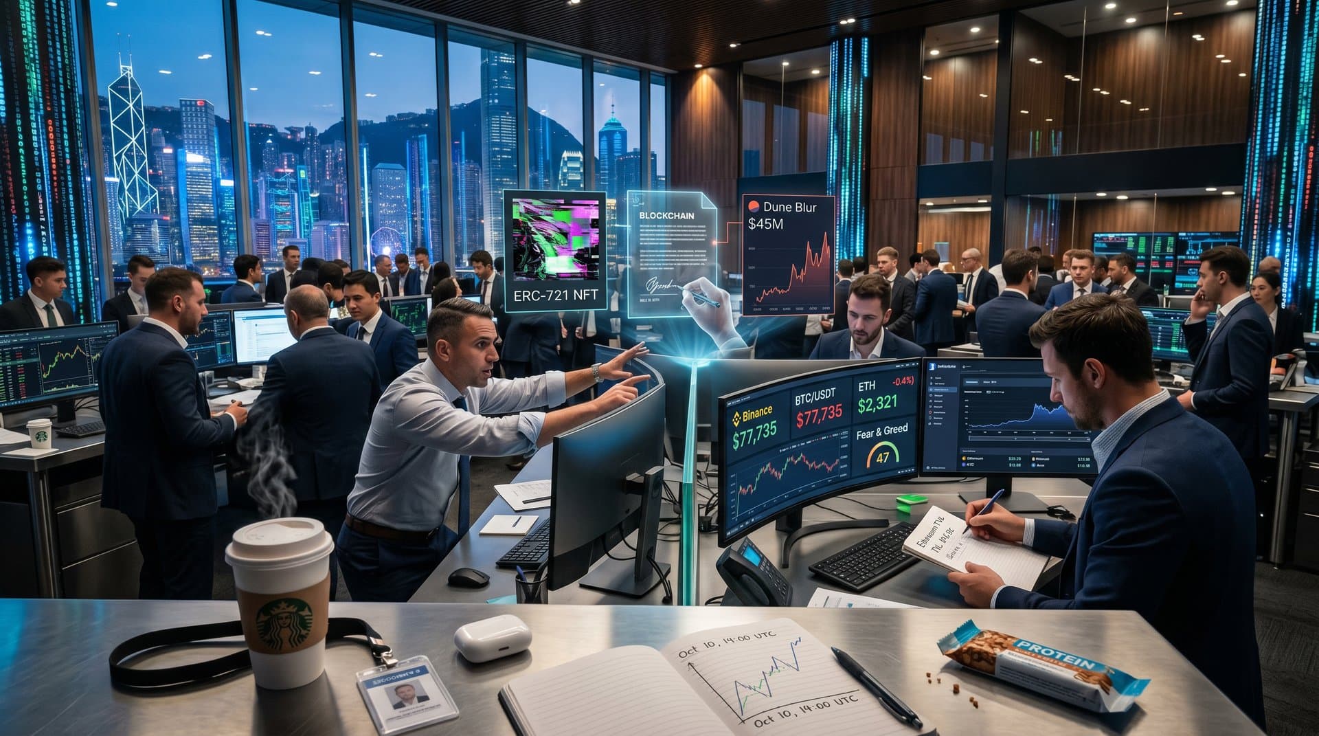 Crypto traders review blockchain charts, NFT provenance, and DeFi metrics on modern trading desks