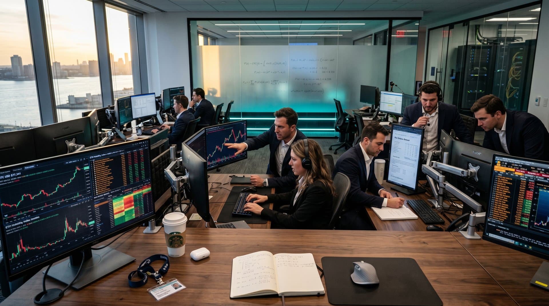 Quant traders monitor BTC $77K and ETH charts on multi-screen setups amid DeFi volatility analysis
