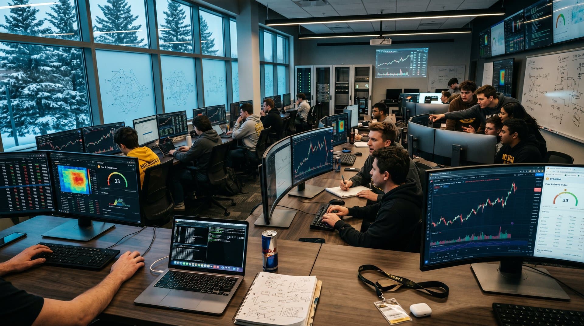 Michigan Tech AI lab with monitors showing BTC charts, neural nets, and DeFi dashboards in modern campus setting