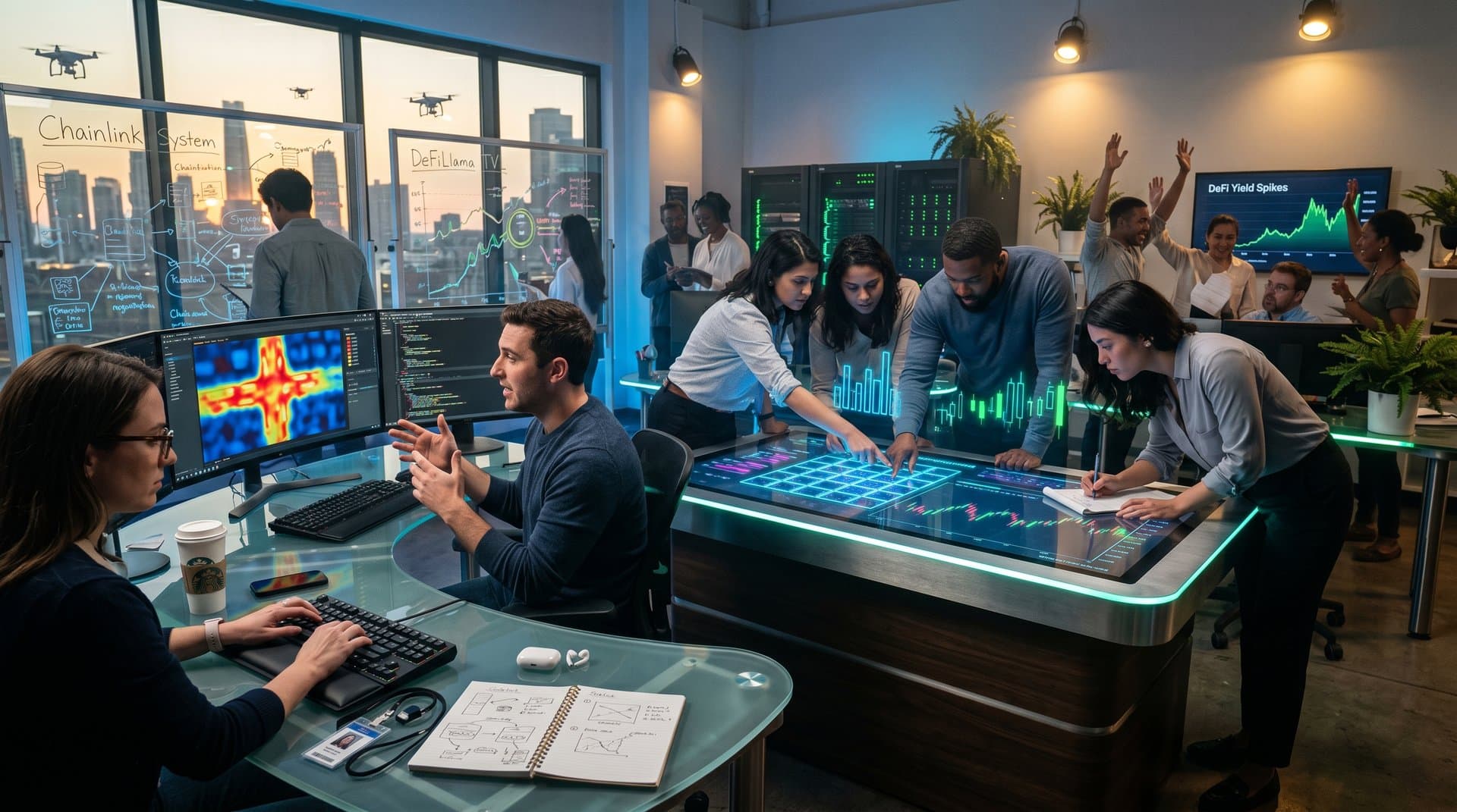 AI lab engineers analyze smart city models and RWA blockchain graphs on multi-monitors in modern setup