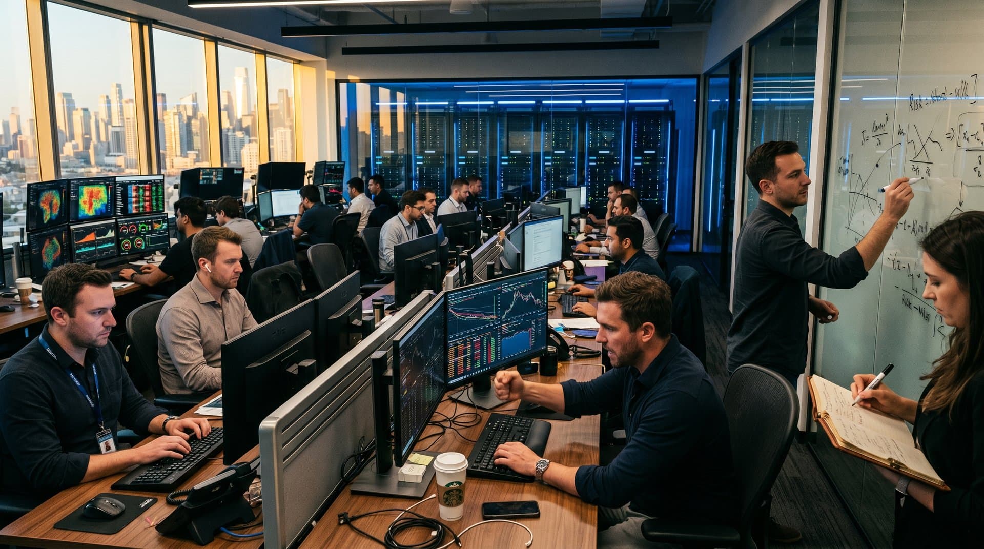 Analysts at trading desks review AI risk models and crypto charts on multi-monitor setups