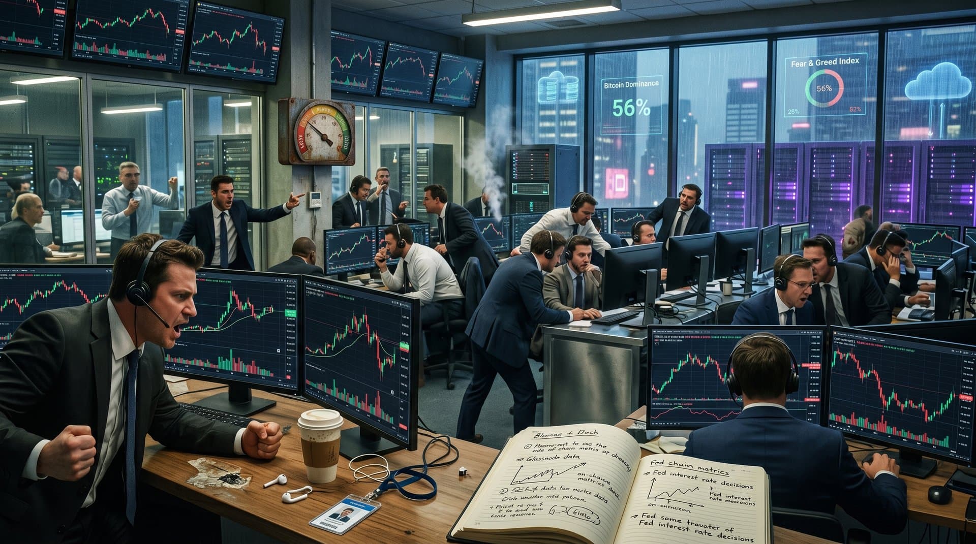 Vintage Great Depression charts merge with modern Bitcoin price graphs and AI neural networks in cloud computing style