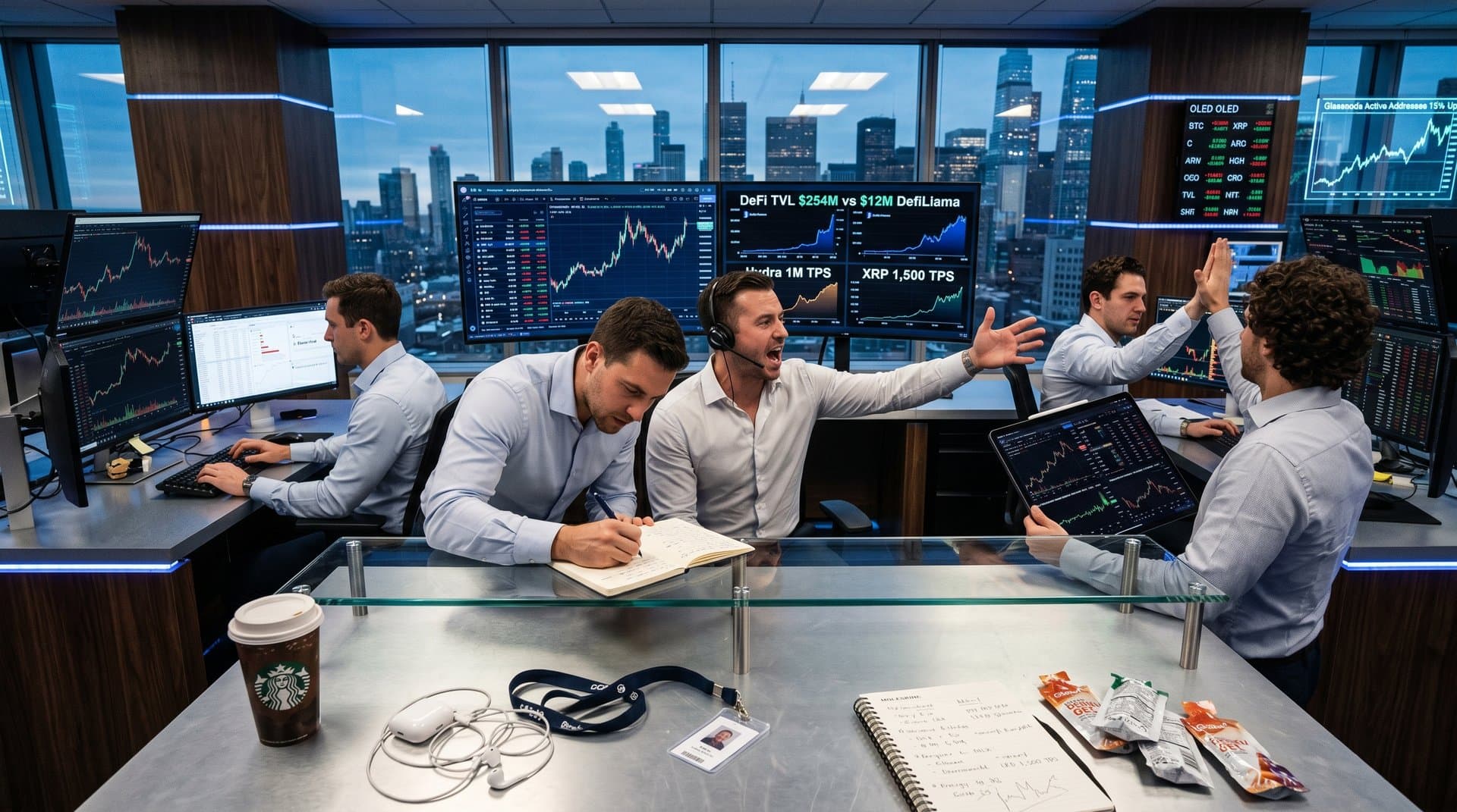 Trading screens showing Cardano ADA vs XRP charts, DeFi scalability metrics, and crypto market data